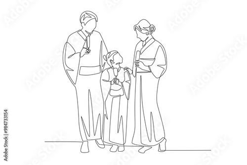 Japanese family eating snacks. Families in japan concept one-line drawing