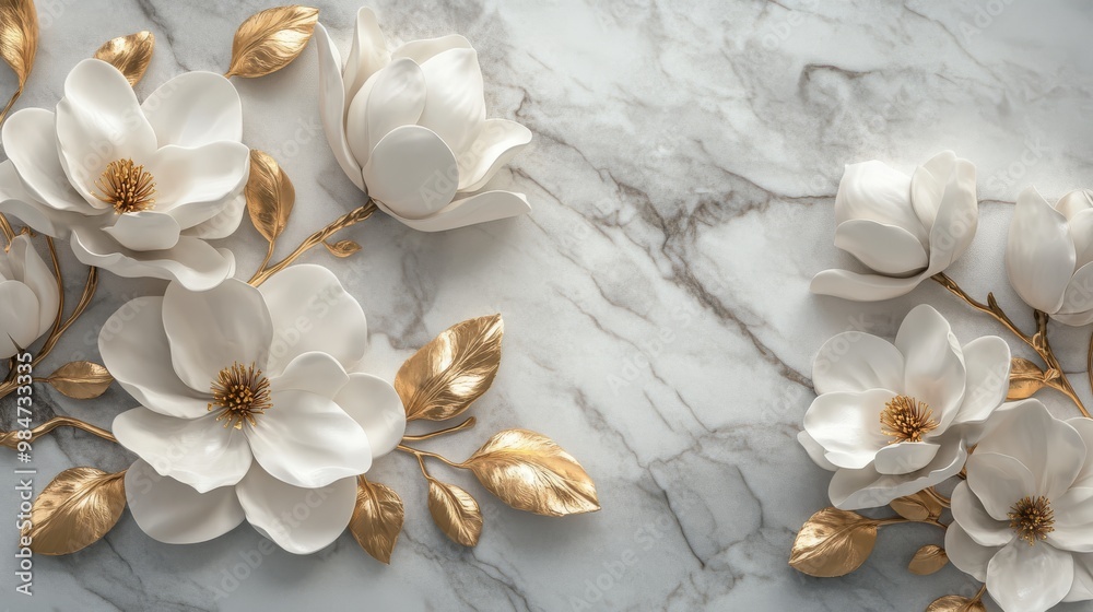 This stunning collection of delicate white flowers with golden accents is showcased against a timeless marble backdrop, embodying the essence of minimalistic beauty and enduring elegance This stunning collection of delicate white flowers with golden accents is showcased against a timeless marble backdrop, embodying the essence of minimalistic beauty and enduring elegance