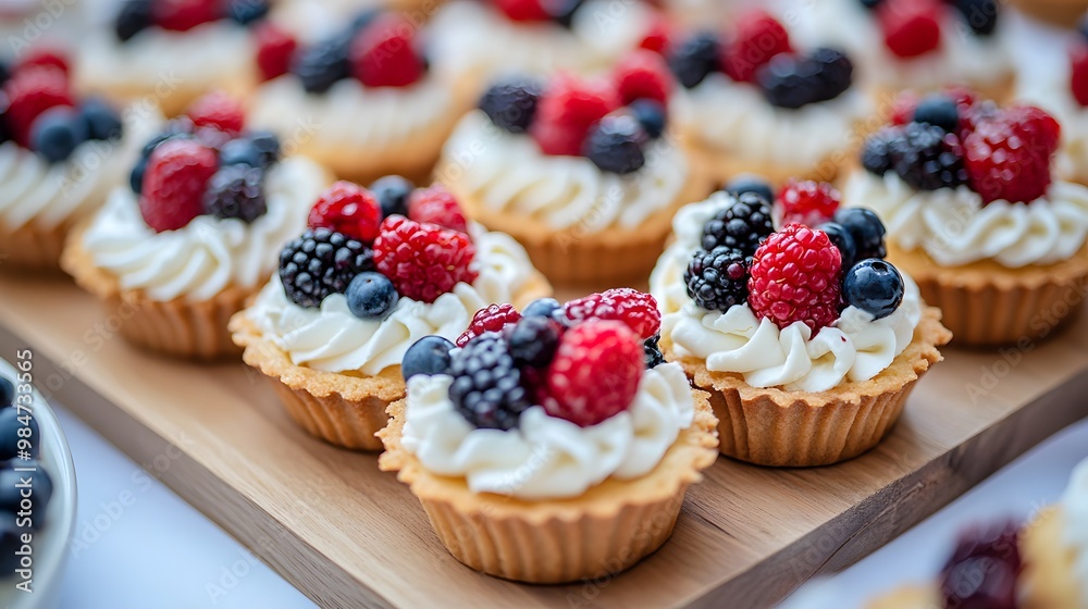 Cupcakes and mini tarts with berries on the table, a wedding daytime scene, a wedding party table, an event in an elegant restaurant, natural light Cupcakes and mini tarts with berries on the table, a wedding daytime scene, a wedding party table, an event in an elegant restaurant, natural light