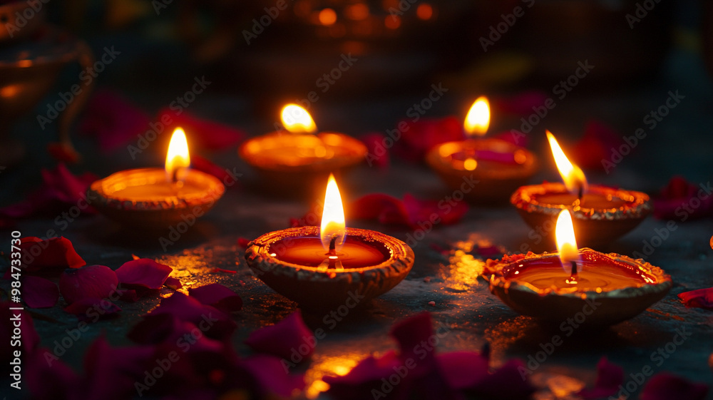 Decorative lamps and flowers illuminate the festive atmosphere during Diwali celebrations Decorative lamps and flowers illuminate the festive atmosphere during Diwali celebrations