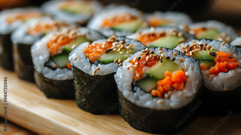 Delicious sushi rolls arranged on a wooden board, featuring vibrant colors and fresh ingredients, perfect for food lovers. Delicious sushi rolls arranged on a wooden board, featuring vibrant colors and fresh ingredients, perfect for food lovers.