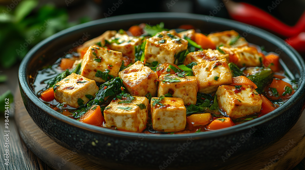 Delicious tofu dish with fresh vegetables, garnished with herbs in a rustic bowl, perfect for healthy eating. Delicious tofu dish with fresh vegetables, garnished with herbs in a rustic bowl, perfect for healthy eating.