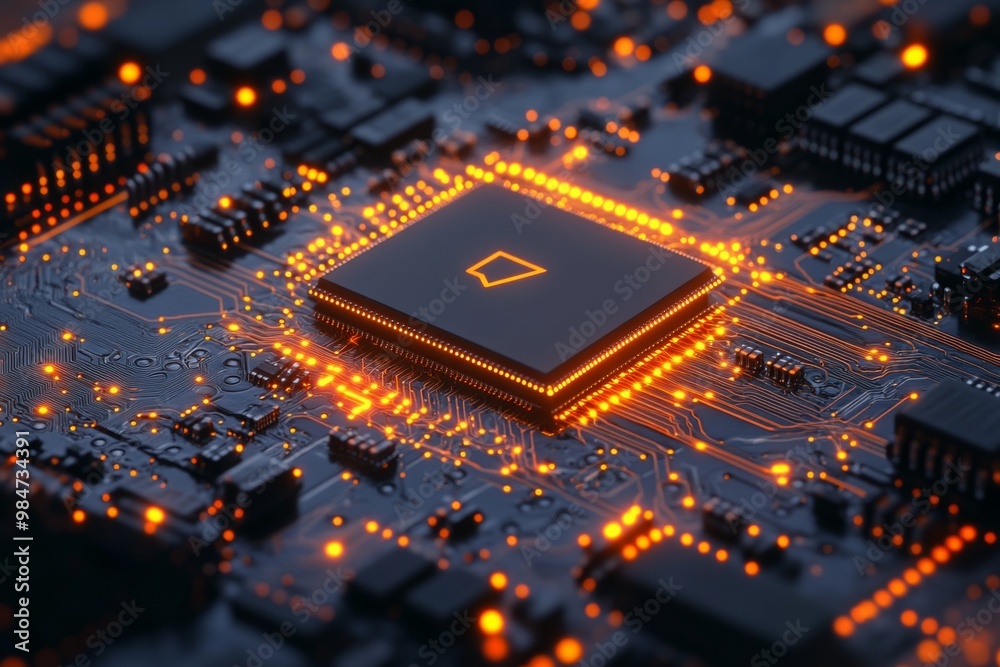 Bright electronic chip surrounded by glowing circuits. This image showcases modern technology and innovation. Perfect for tech articles or digital design projects. Generative AI Bright electronic chip surrounded by glowing circuits. This image showcases modern technology and innovation. Perfect for tech articles or digital design projects. Generative AI