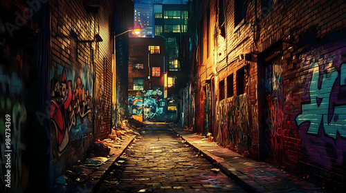 Alley at night withh graffiti on the brick walls. ai generative. Graffiti Alley. Illustration