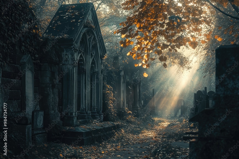 A Sunlit Path Through a Gothic Cemetery with Autumn Leaves A Sunlit Path Through a Gothic Cemetery with Autumn Leaves