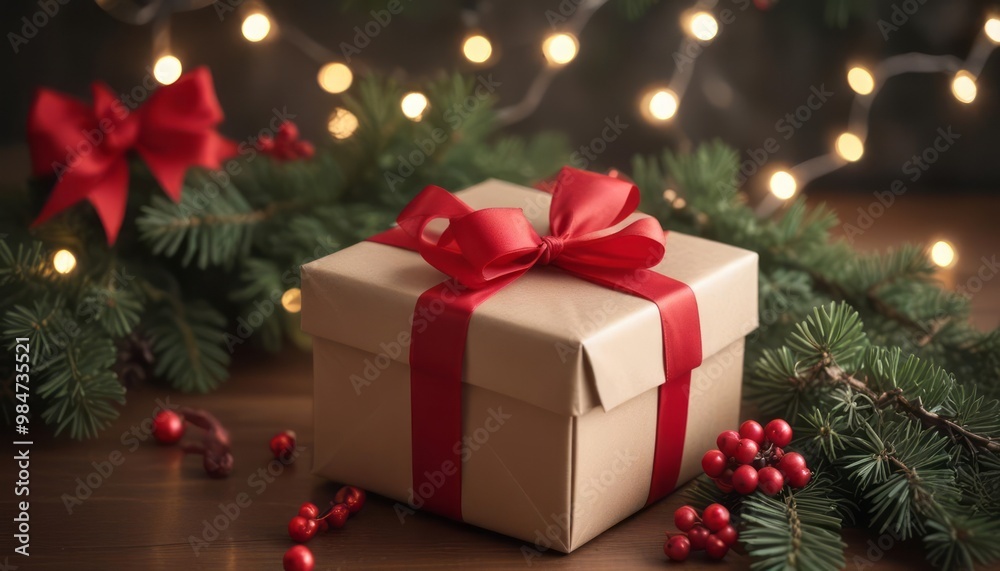 A gift box wrapped in beige paper with a red rib. Shell and fir branch A gift box wrapped in beige paper with a red rib. Shell and fir branch