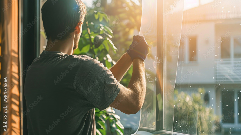 A person installing window film to block out the sun’s heat, helping keep the interior of the home cooler and more energy-efficient during the summer