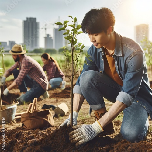 Urban community volunteers planting young trees together for a greener, sustainable future in a city environment photo