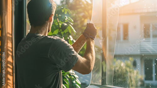 Obraz na płótnie
A person installing window film to block out the sun’s heat, helping keep the interior of the home cooler and more energy-efficient during the summer w salonie