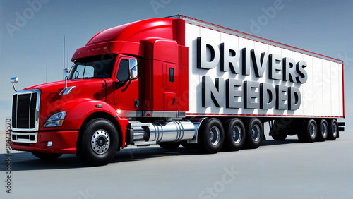 A red semi-truck with the word text phrase 
