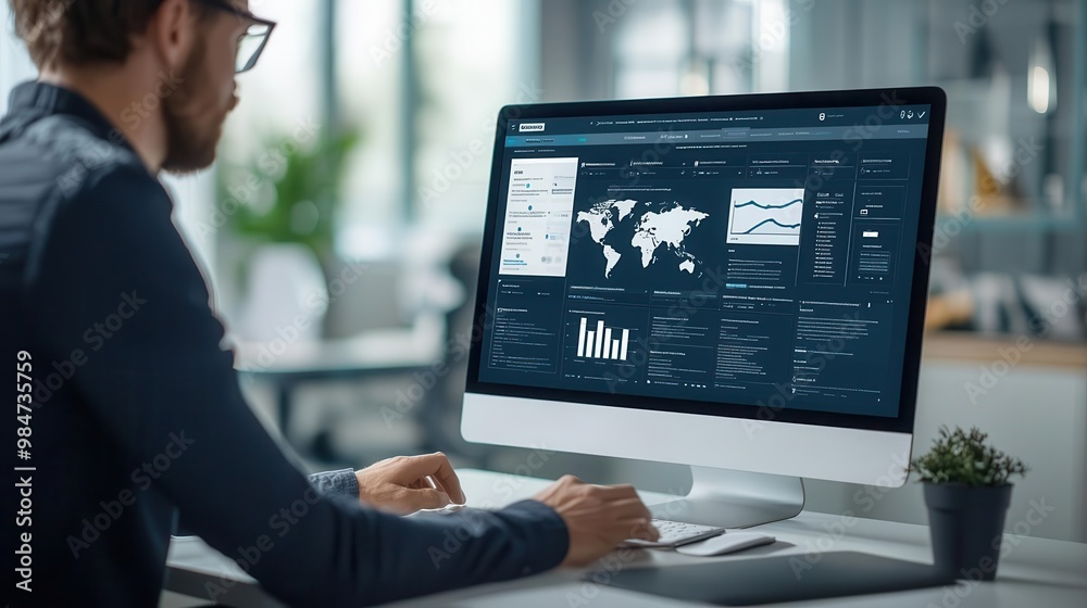 Marketer optimizing content on a large interactive SEO dashboard, content strategy, digital transformation Marketer optimizing content on a large interactive SEO dashboard, content strategy, digital transformation