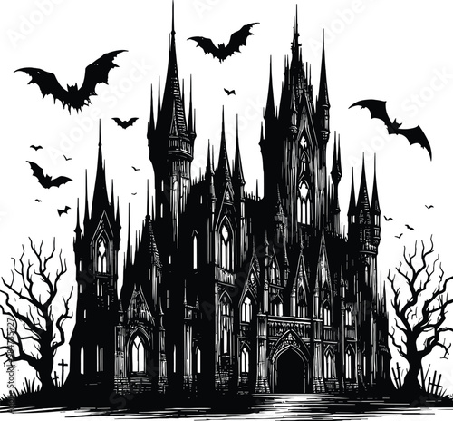 Adobe Illustrator Artwork vector illustration of a Halloween castle, gothic castle with tall, spiky towers and crumbling walls