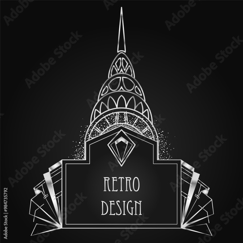 Art Deco vintage silver design element over black. Retro party geometric background set 1920s style. Vector illustration for glamour party, thematic wedding or textile prints.