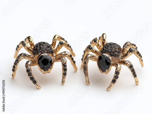 Gold Spider Earrings with Black Gemstones
