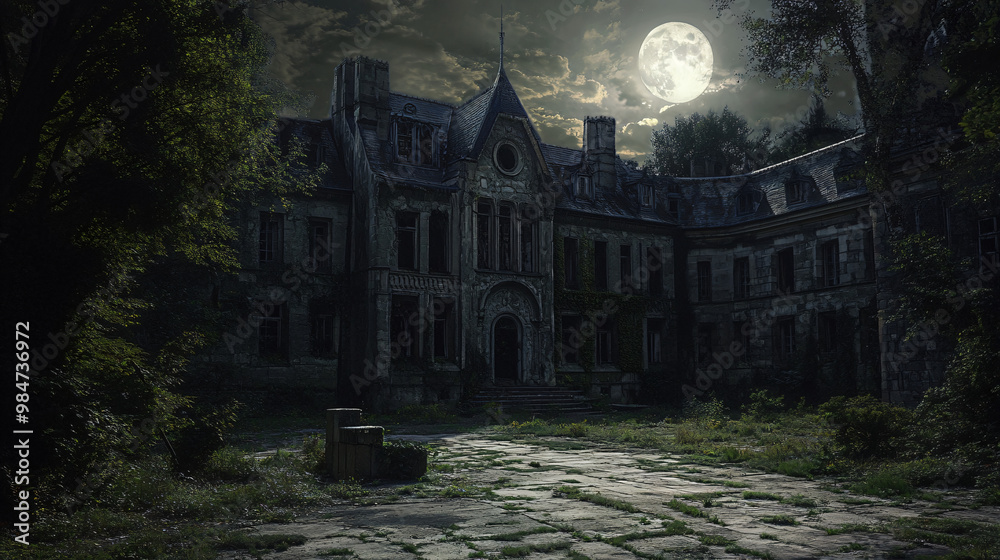 A haunted castle at the heart of a forest, with the moon casting long shadows across its empty courtyard. A haunted castle at the heart of a forest, with the moon casting long shadows across its empty courtyard.