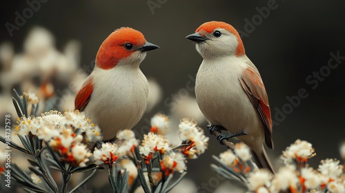 Two Birds Perched on a Branch with White Flowers