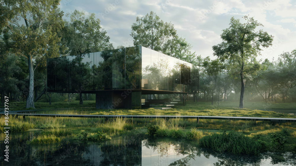 Obraz premium A minimalist lifestyle where homes are made entirely of mirrors, reflecting the surrounding environment and blending seamlessly with nature