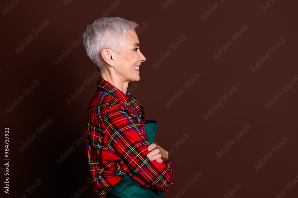 Photo of lovely cheerful senior lady wear red plaid shirt crossed arms isolated on brown color background