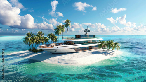 A luxury yacht with a detachable island, allowing guests to explore remote beaches and tropical paradises before rejoining the main vessel photo