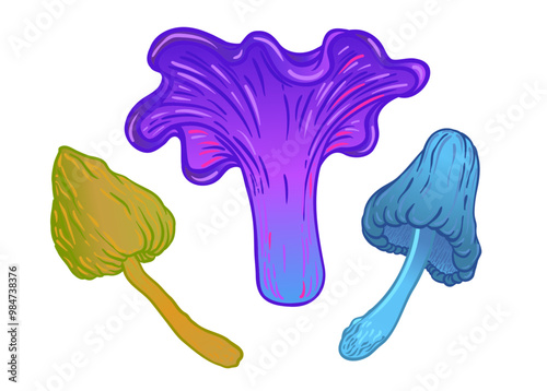 Magic mushrooms set. Psychedelic hallucination. Vibrant vector illustration collection isolated on white. 60s hippie colorful art in vivid acid colors. Sticker, patch, poster graphic design.