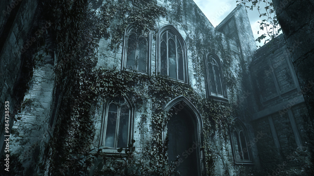 A haunted abandoned castle with ivy-covered walls, with shadows moving in the windows.