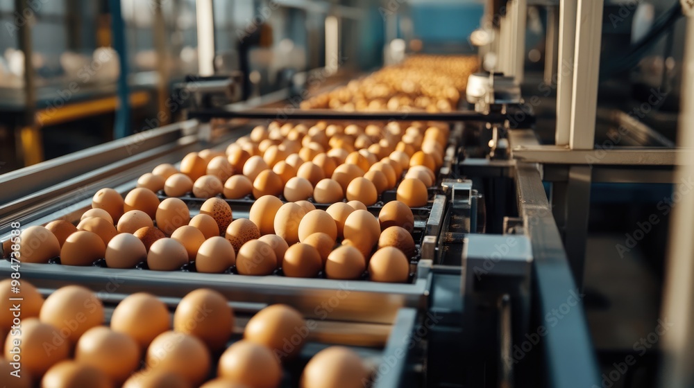 High-tech egg sorting machinery separating eggs by weight and size on a farm High-tech egg sorting machinery separating eggs by weight and size on a farm
