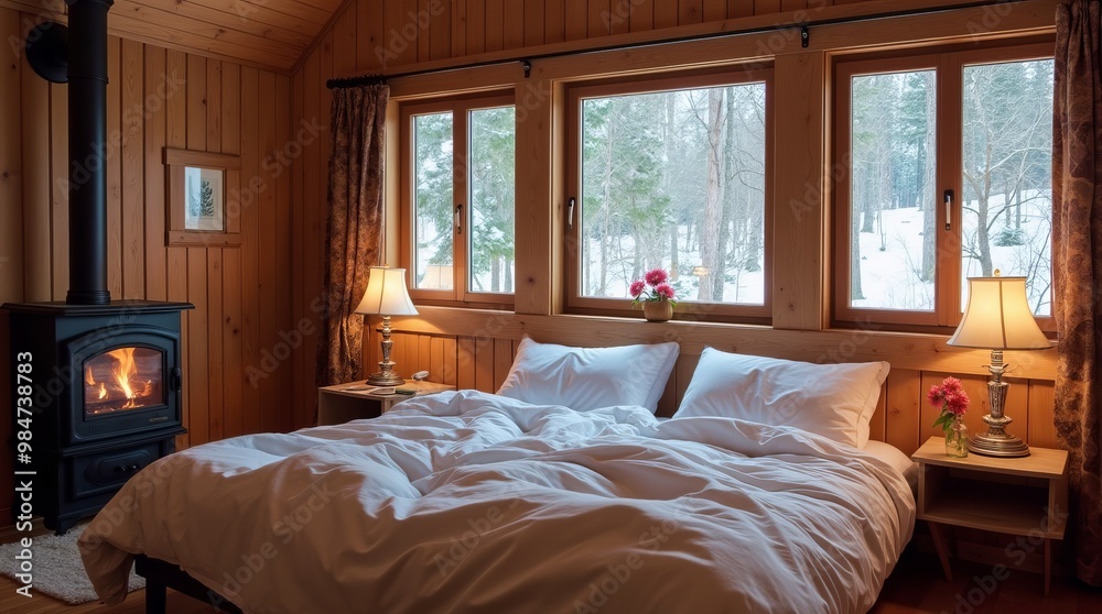 Fototapeta premium Winter Cozy bedroom in a wooden house with large windows and a view of the winter forest. The stove and soft bed create an atmosphere of warmth and comfort in the snowy mountains of Christmas