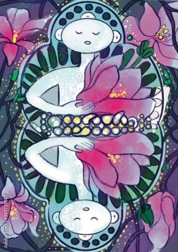 Mystical Floral Tapestry: A surreal and captivating illustration of a stylized figure adorned with delicate floral patterns, evoking themes of nature, spirituality, and tranquility. The intricate deta