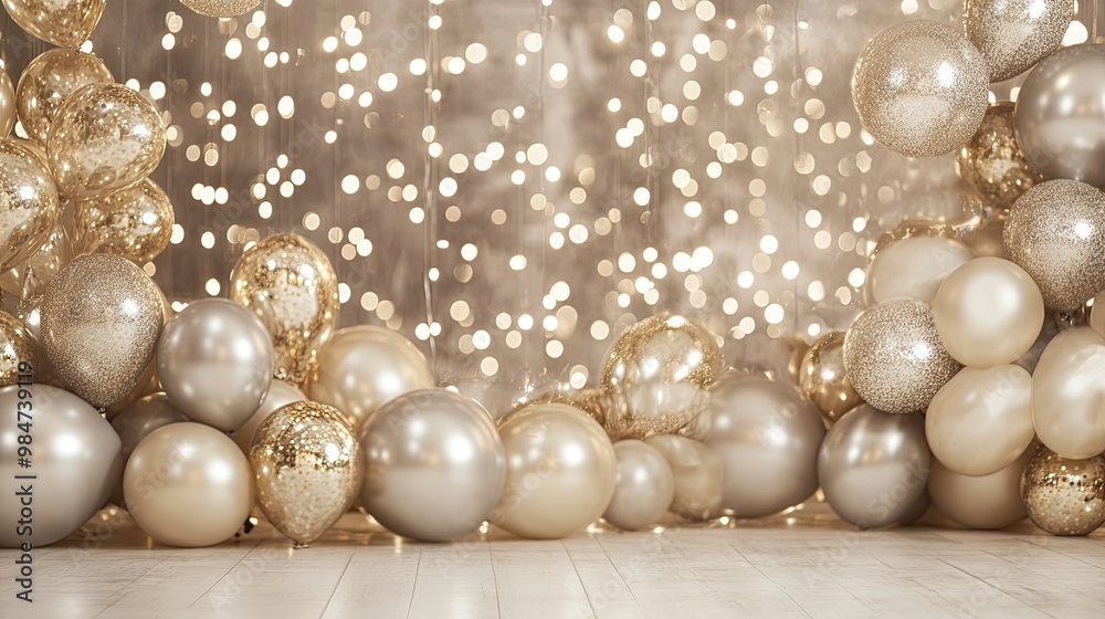 Silver and gold metallic balloons, Christmas or other events, confetti and ribbons. Birthday party, anniversary, new year. Silver and gold metallic balloons, Christmas or other events, confetti and ribbons. Birthday party, anniversary, new year.
