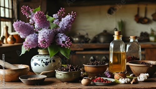 Rustic kitchen showcasing clove extract, whole cloves, and an array of spices and ingredients in a captivating culinary scene photo