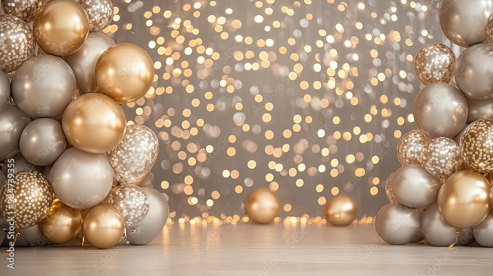 Holiday background with silver and gold metallic balloons, christmas or other events, confetti and ribbons. Birthday party, anniversary, new year. Holiday background with silver and gold metallic balloons, christmas or other events, confetti and ribbons. Birthday party, anniversary, new year.