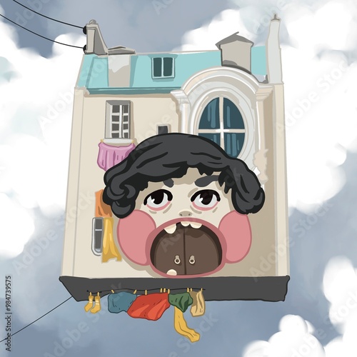 Floating House with a Face: A whimsical and surreal illustration of a house with a giant, open-mouthed face, floating in the sky with clouds. The house has a blue roof, white walls, and colorful laund photo