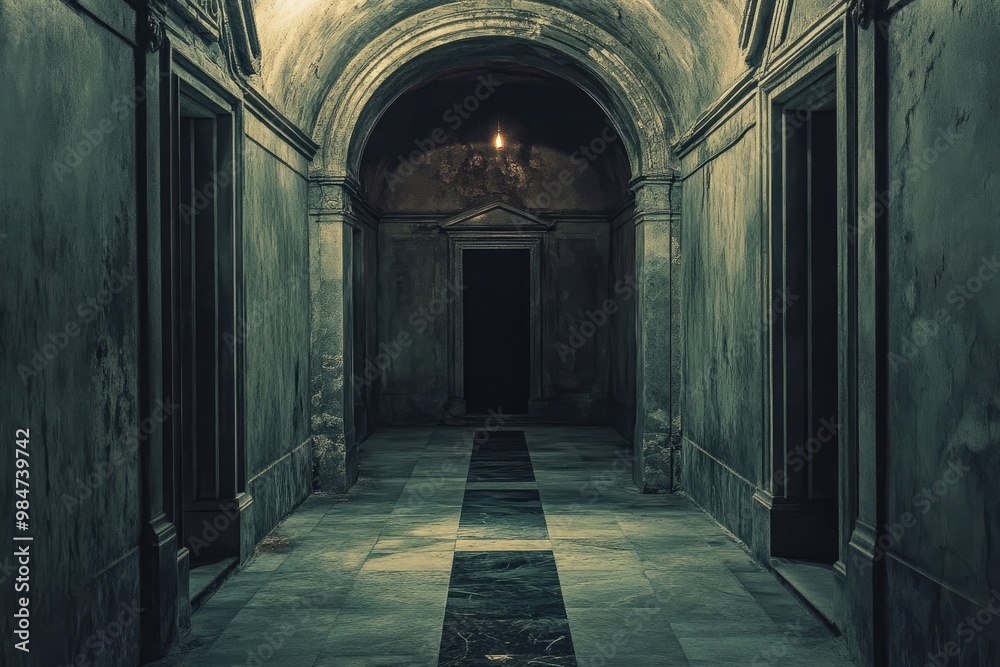 A Dark and Mysterious Hallway with a Single Light Source A Dark and Mysterious Hallway with a Single Light Source