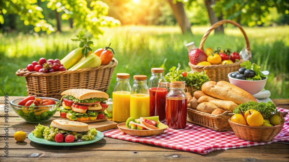 Summer picnic table with an assortment of food including fruits, vegetables, sandwiches, and beverages, picnic