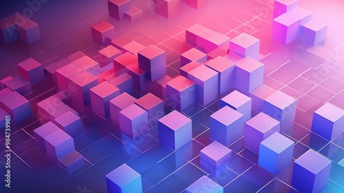 Abstract background of colorful 3D cubes on a grid with pink and blue lighting.