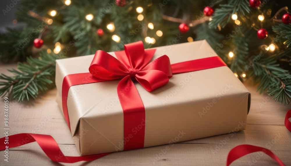 A gift box wrapped in beige paper with a red rib. Shell and fir branch A gift box wrapped in beige paper with a red rib. Shell and fir branch