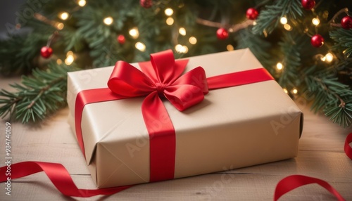 A gift box wrapped in beige paper with a red rib. Shell and fir branch