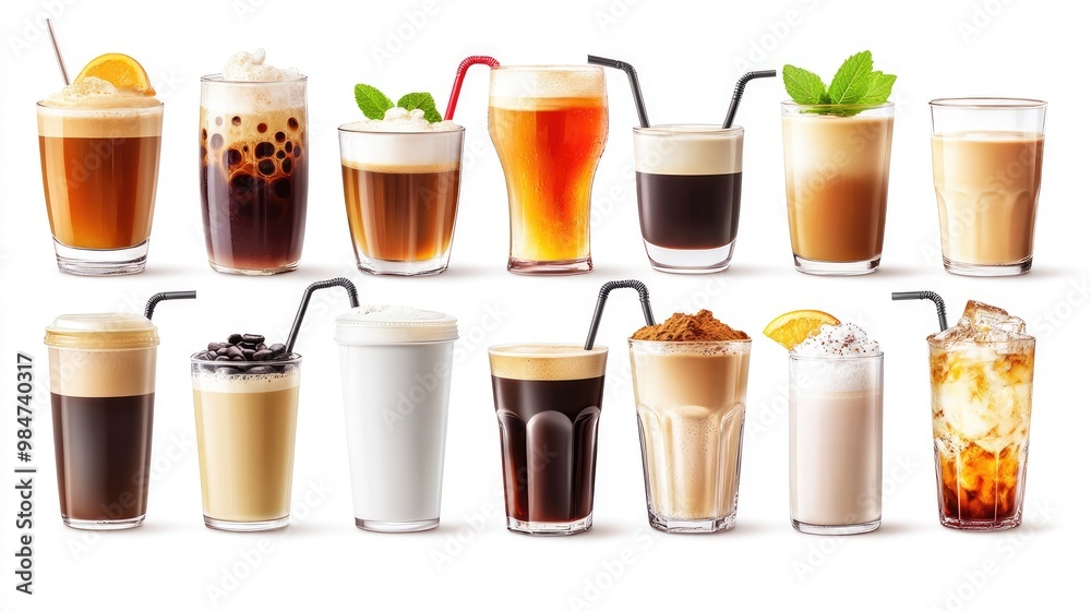Various hot and cold beverages drinks. Different coffee drinks assorted isolated on white background. boba tea, mocha, tea, green tea, hot chocolate, black coffee, Macha, cappuccino, iced coffee. Various hot and cold beverages drinks. Different coffee drinks assorted isolated on white background. boba tea, mocha, tea, green tea, hot chocolate, black coffee, Macha, cappuccino, iced coffee.