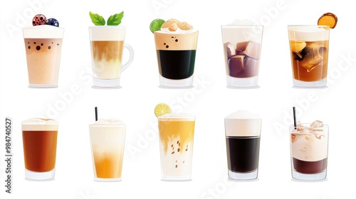 Various hot and cold beverages drinks. Different coffee drinks assorted isolated on white background. boba tea, mocha, tea, green tea, hot chocolate, black coffee, Macha, cappuccino, iced coffee.