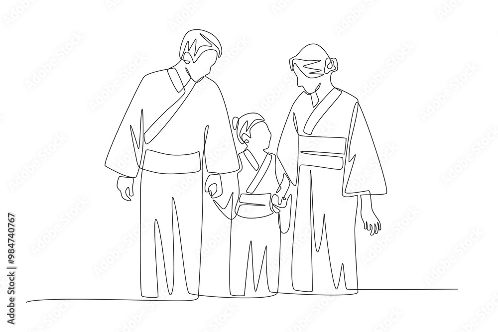 Japanese family is taking part in a festival. Families in japan concept one-line drawing Japanese family is taking part in a festival. Families in japan concept one-line drawing
