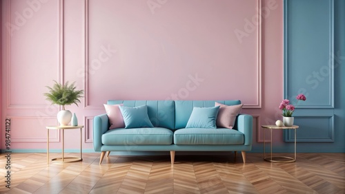 Pastel interior design with blue sofa and pink wall , pastel, interior, design, blue, sofa, pink, wall, room, mockup, colorful