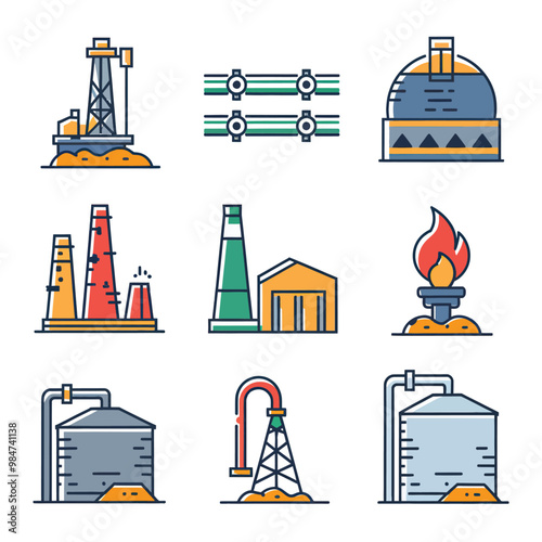 illustrations vector icon for oil and gas industry refinery process and building 
