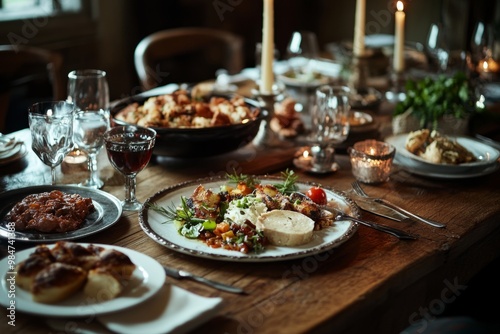 A beautifully set dining table showcasing a feast with delicious food and elegant decor. The warm ambiance invites joy and togetherness. Perfect for food lovers. Generative AI