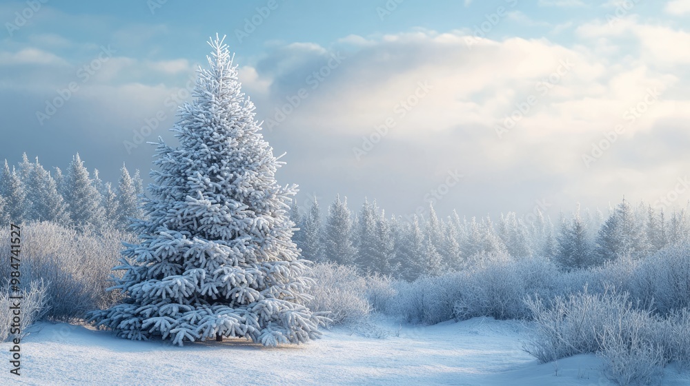 Winter scene with a Christmas tree covered in snow Winter scene with a Christmas tree covered in snow