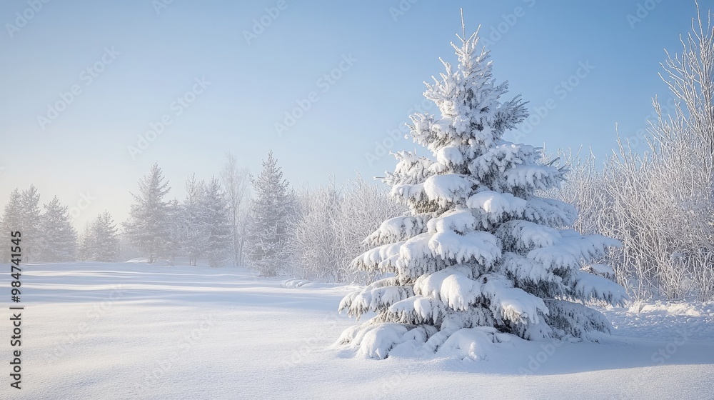 Winter scene with a Christmas tree covered in snow Winter scene with a Christmas tree covered in snow