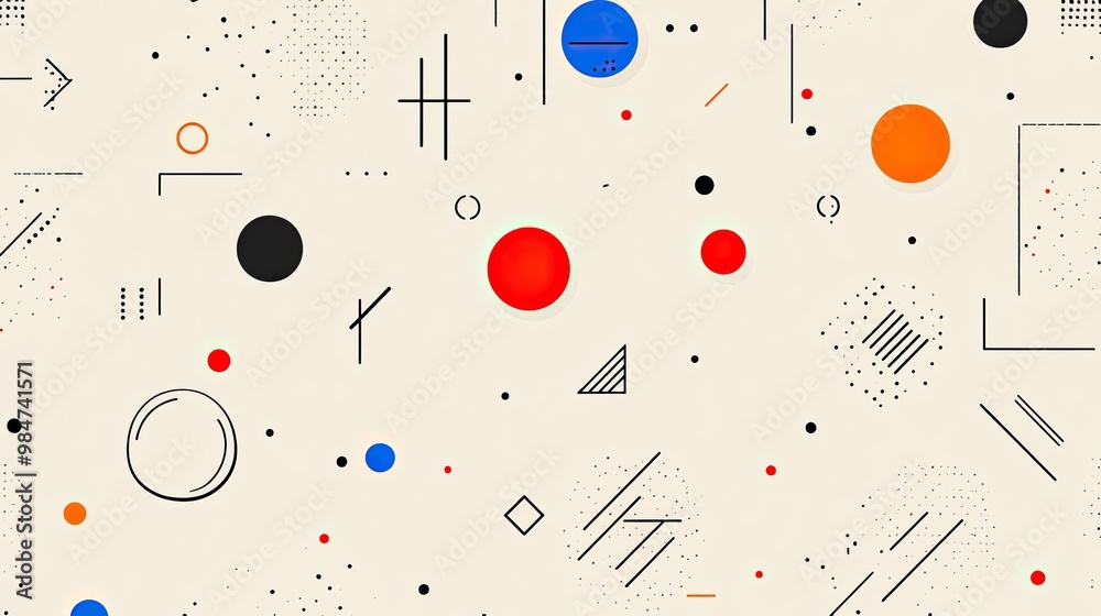 An abstract arrangement features geometric shapes and circles in black, grey, orange, white, and blue, set on a textured off-white background, evoking retro design aesthetics An abstract arrangement features geometric shapes and circles in black, grey, orange, white, and blue, set on a textured off-white background, evoking retro design aesthetics