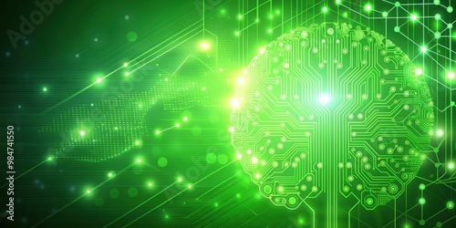 Green background with artificial intelligence theme, technology, machine learning, data, futuristic, abstract