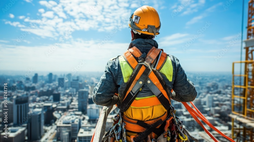Worker in full safety gear, including a harness, working on a construction site high above ground level Worker in full safety gear, including a harness, working on a construction site high above ground level
