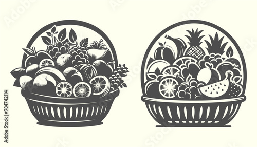 Silhouette of  fruit basket full with different fruits. Elegant vector fruit basket silhouette, great for grocery, produce, and nature-inspired designs