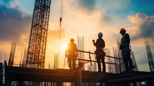 Workers on a construction site using safety equipment like harnesses and helmets, with safety barriers in place